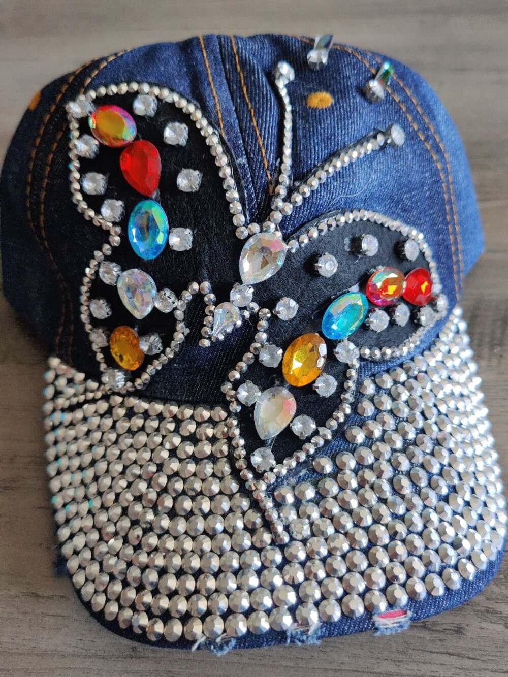 NWT Y2K Style Slightly Distressed Denim Butterfly Bedazzled Baseball Hat